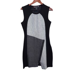 Desigual Black White Asymmetrical Wool Blend Mixed Print Sheath Dress Sz 40 US 8